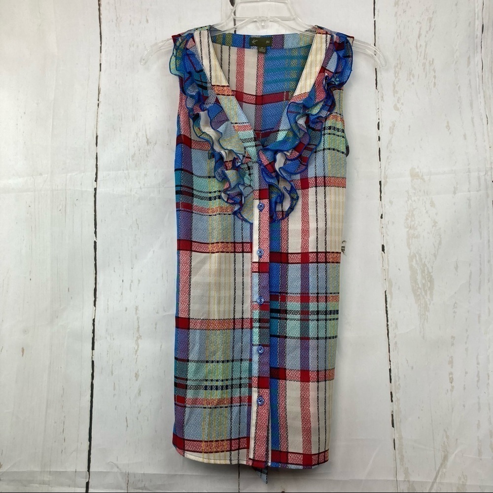 Anthropologie caricaturist fei ruffled plaid blouse XS